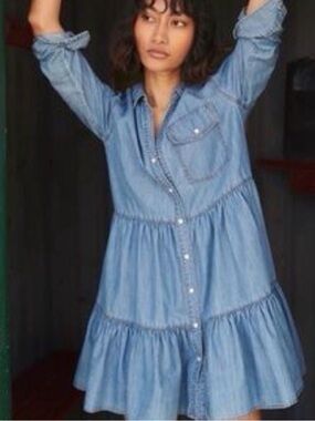 Veronica beard Tiered Chambray Button-Front Shirt Dress Light Blue 12 large